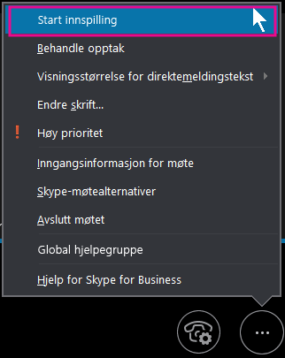 Klikk Start opptak i løpet av Skype for Business-møtet