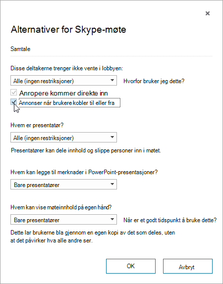 Dialogboksen Alternativer for møte med Annonser når brukere kobler til eller fra uthevet