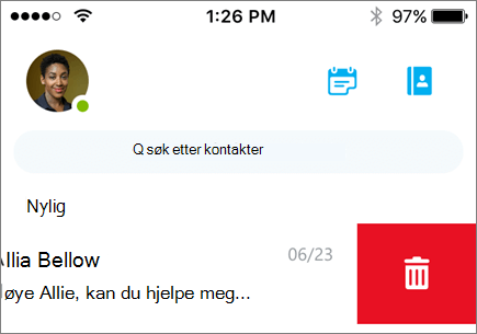 Et skjermbilde som viser en samtale som slettes i Skype for Business for iOS.