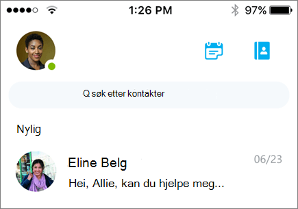 Et skjermbilde som viser nylige samtaler i Skype for Business for iOS.