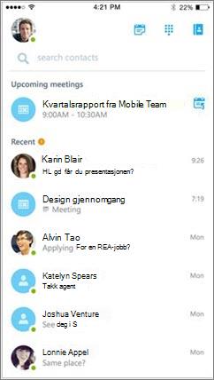 Skype for Business for iOS-startskjermen