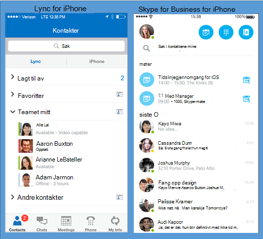 Sammenligning av Lync og Skype for Business