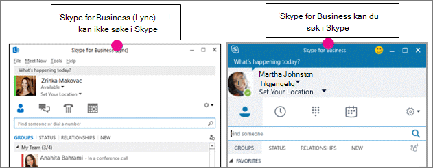 Side ved side sammenligning av kontaktsiden for Skype for Business og siden for Skype for Business (Lync)