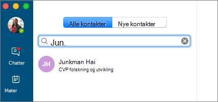 Skjermbilde av Kontakter-fanen med søketekst skrevet inn og søkeresultat vist.