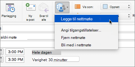 Skjermbilde av en møteinvitasjon med Legg til nettmøte valgt på båndet.