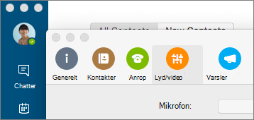 Skjermbilde av Innstillinger-skjermen i Skype for Business, med Lyd/video-ruten valgt.