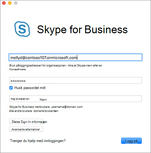 Påloggingsskjerm for Skype for Business for Mac