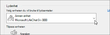 Et skjermbilde som viser rullemenyen for lydenheter i dialogen Innstillinger for lydenheter.
