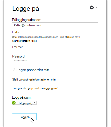 Et skjermbilde som viser hvor du skal skrive inn passordet på Skype for Business’ påloggingsskjerm.