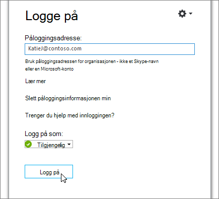 Et skjermbilde som viser Logg på-knappen på Skype for Business’ påloggingsskjerm.