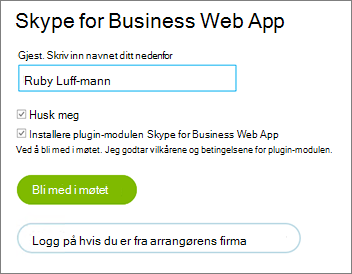 Logg på Skype for Business Web App som gjest eller med organisasjonens legitimasjon