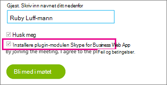 Pass på at Installer plugin-modulen for skype for Business Web App er avmerket