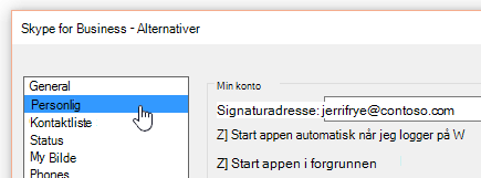 Alternativer-vinduet i Skype for Business med Personlig-fanen valgt.