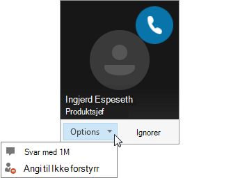 Skjermbilde av et anropvarsel med Alternativer-menyen åpen.