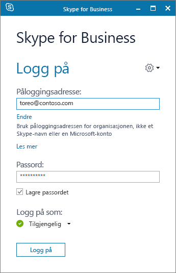 Skjermbilde av påloggingsskjermen for Skype for Business.
