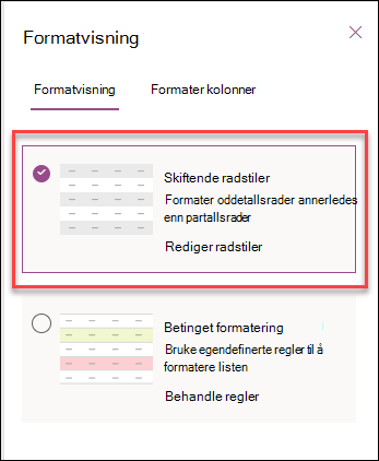 skjermbilde av formatering av alternative rader