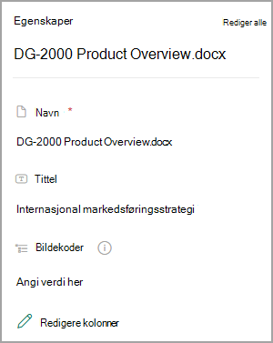 Skjermbilde som viser egenskaper for et dokument i et SharePoint-bibliotek.