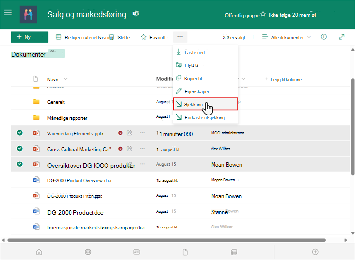 Du kan velge og sjekke inn flere filer i SharePoint-biblioteket.