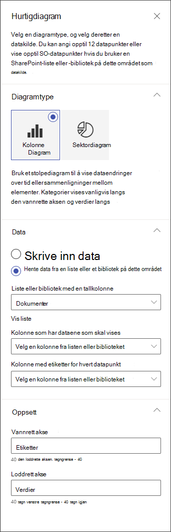 Skjermbilde av redigeringspanelet for stående stolpediagram