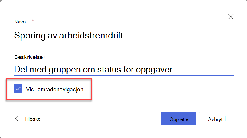 skjermbilde av opprett liste fra SharePoint-område