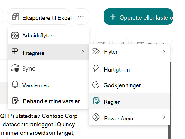Skjermbilde som viser Opprett en regel for å automatisere en liste i SharePoint.