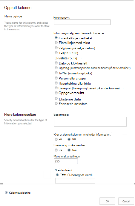 Dialogboksen Opprett kolonne