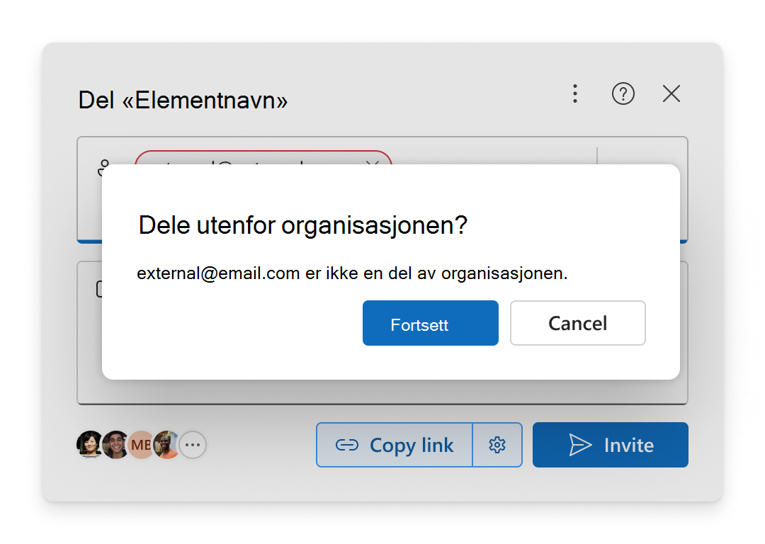 En bekreftelsesmelding vises når du legger til noen utenfor organisasjonen som du vil dele et element med
