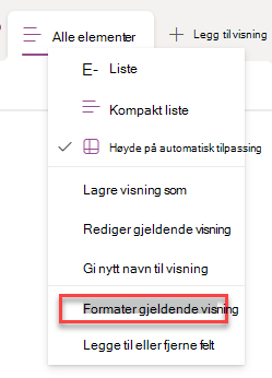 skjermbilde av valg av formater gjeldende rad