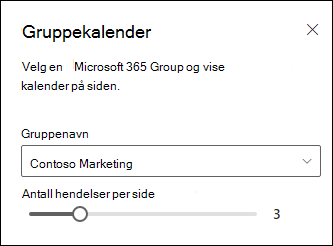 Velg hvor mange hendelser som skal vises fra den valgte Microsoft 365-gruppekalenderen.