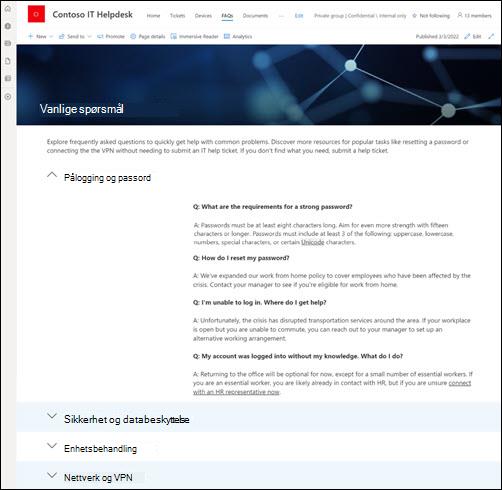 Forhåndsvisning av områdesiden for vanlige spørsmål.