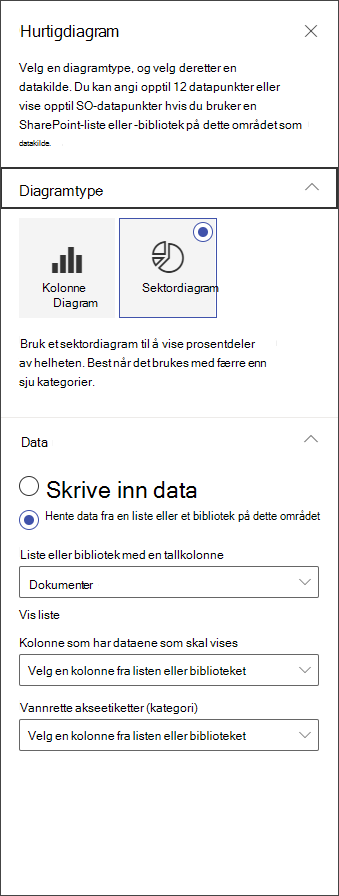 Skjermbilde av panelet for redigering av sektordiagram