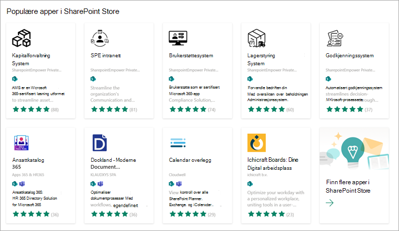 Skjermbilde som viser noen av de populære appene du kan legge til på nettstedet fra SharePoint Store.