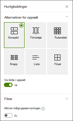 Egenskaper-ruten som viser flere alternativer for et valgt oppsett.