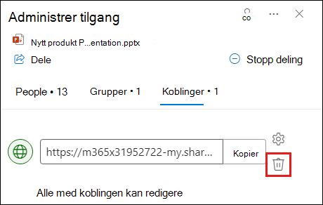 Skjermbilde som viser behandle tilgang-dialogboksen med koblingsfanen åpen. Fjern kobling-knappen er uthevet.
