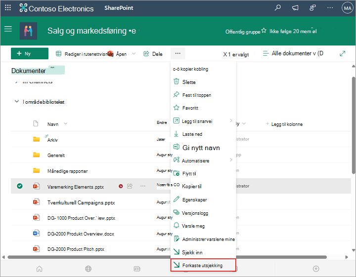Hvis du ikke vil beholde noen av endringene, kan du velge alternativet Forkast utsjekking.
