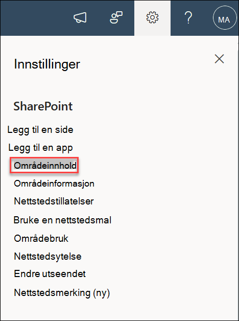skjermbilde av områdeinnhold for innstillinger