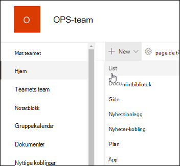 Ny SharePoint-liste