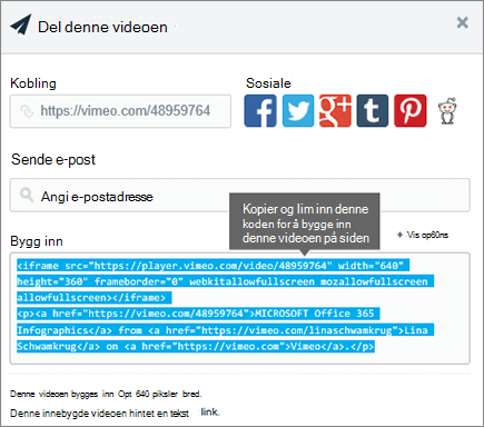 Eksempel på bruk av innebyggingskode til å bygge inn innhold på en SharePoint-side