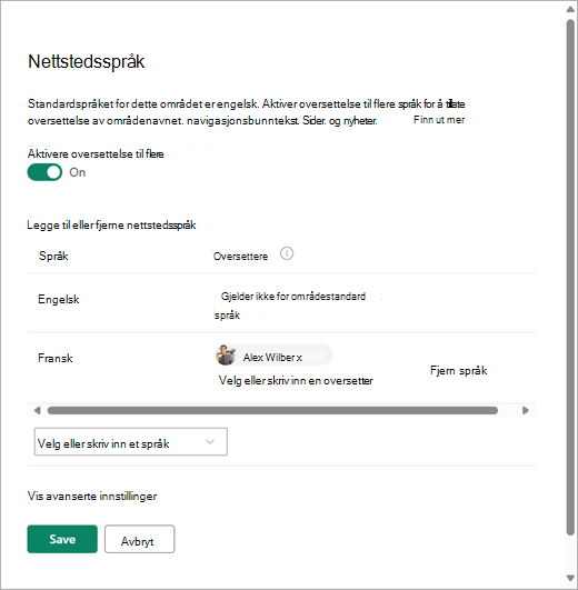 Skjermbilde som viser siden For nettstedsspråk i SharePoint.