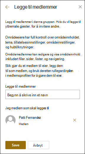 Forhåndsvisning av Legg til medlemmer-panelet.