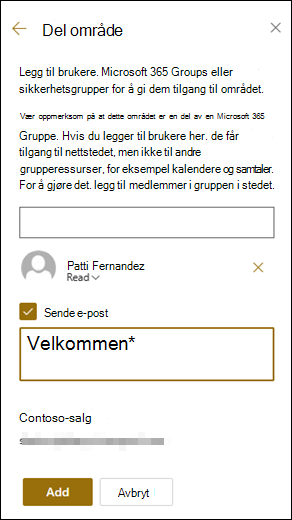 Forhåndsvisning av Del område-panelet.