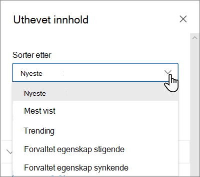 Alternativene Sorter etter for nettdelen Uthevet innhold i den moderne SharePoint-opplevelsen