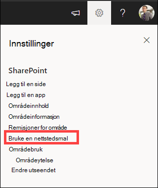 Innstillinger med Bruk en nettstedsmal uthevet.