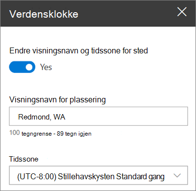 Verktøykassen for World Clock-webdelen for SharePoint-områder, som viser hvordan du tilpasser et visningsnavn og en tidssone