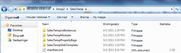 Skjermbilde av Windows Explorer som viser en Web Solution Package (wsp) som er pakket ut.