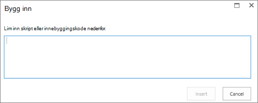 Skjermbilde av dialogboksen Bygg inn i SharePoint Online for å lime inn skript eller innebyggingskode for video- eller lydfiler, og sett deretter inn koden.