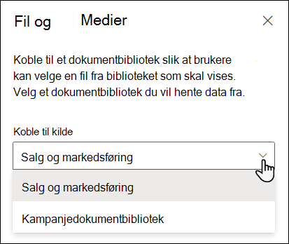 Egenskapsruten for filvisningsprogrammet med rullegardinmenyen Koble til kilde