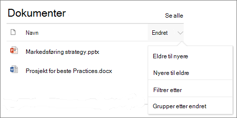Webdel for dokumentbibliotek som viser meny for sortering, filtrering og gruppe