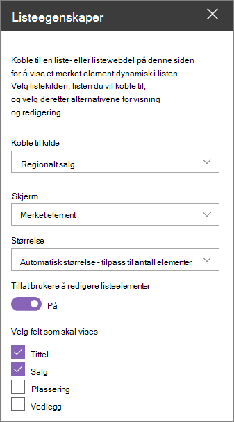 Nettdelrute for listeegenskaper