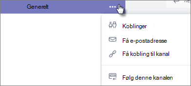 Alternativmenyen for kanaler i Teams med alternativet Koblinger valgt for å få tilgang til kanalkoblinger
